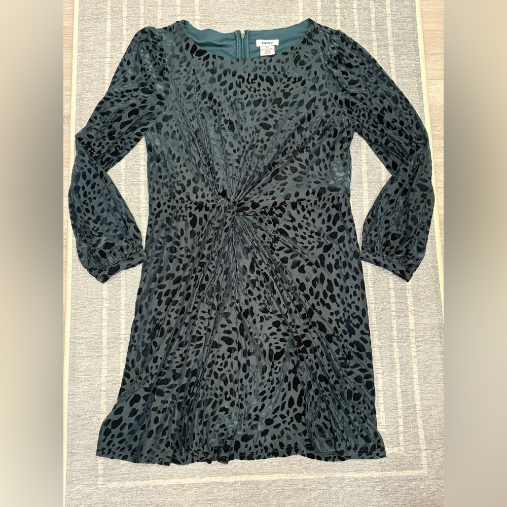 DKNY Teal Velvet Animal Patterned Cocktail Dress with Side Knot Size 12